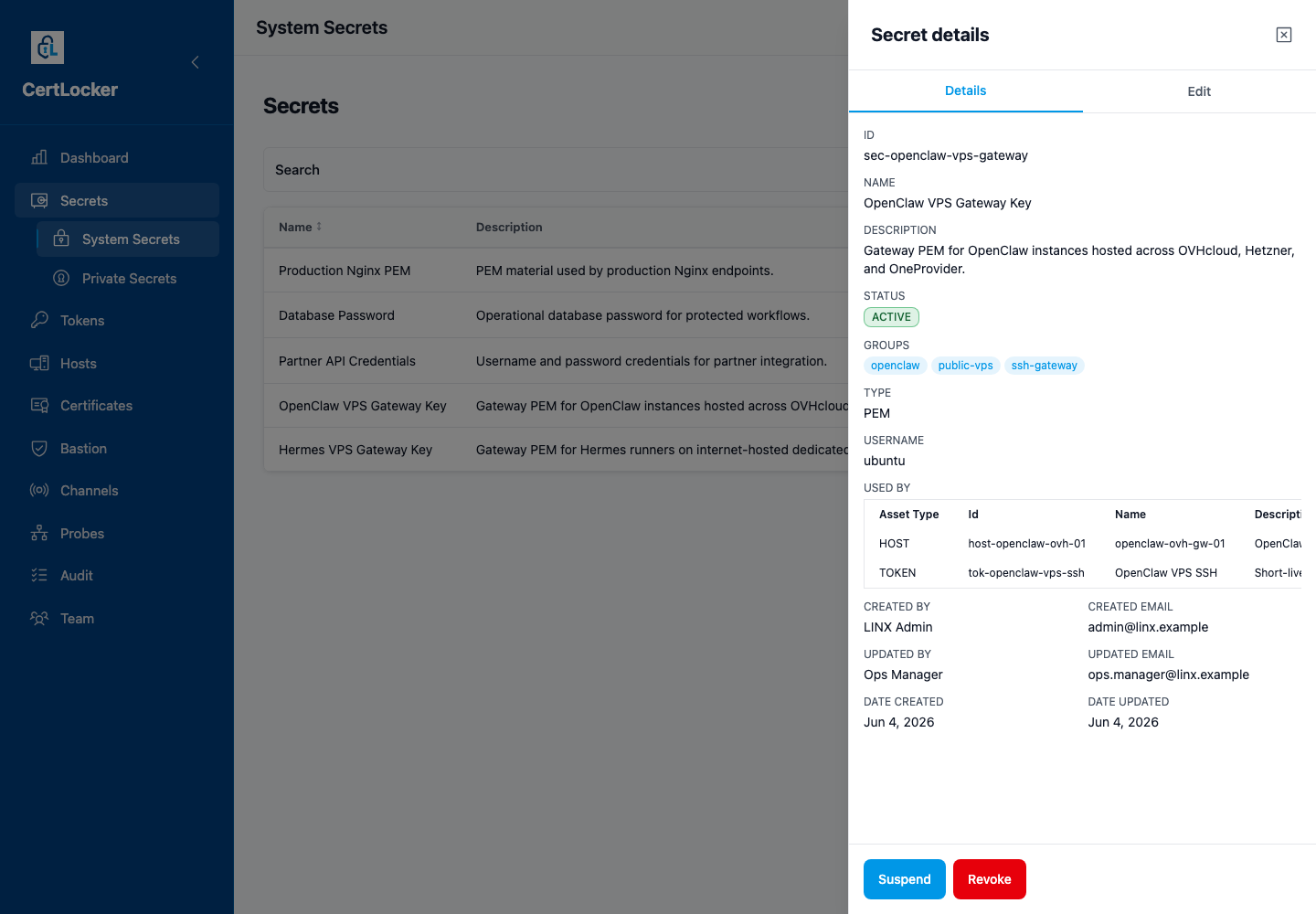 CertLocker secret detail showing an OpenClaw VPS gateway PEM linked to hosts and SSH tokens