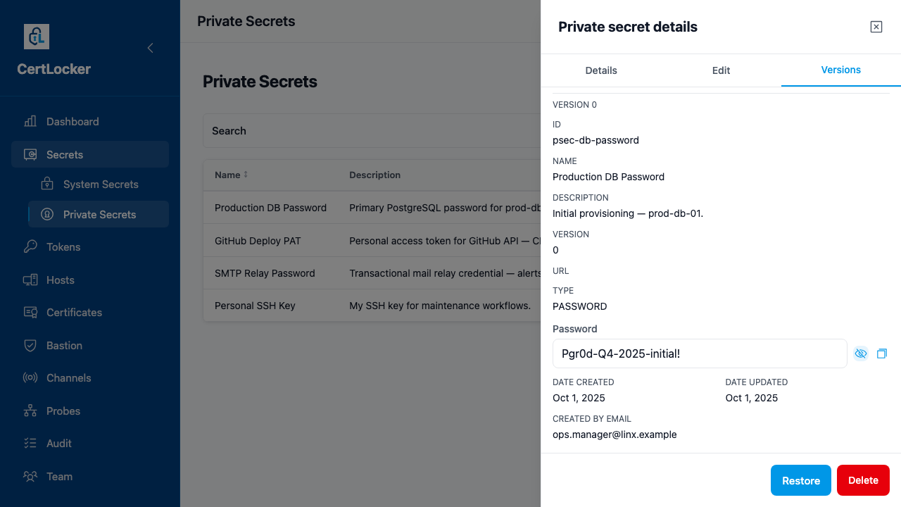 CertLocker showing version 0 of the Production DB Password secret — the initial provisioning value is visible and a Restore button is present at the bottom