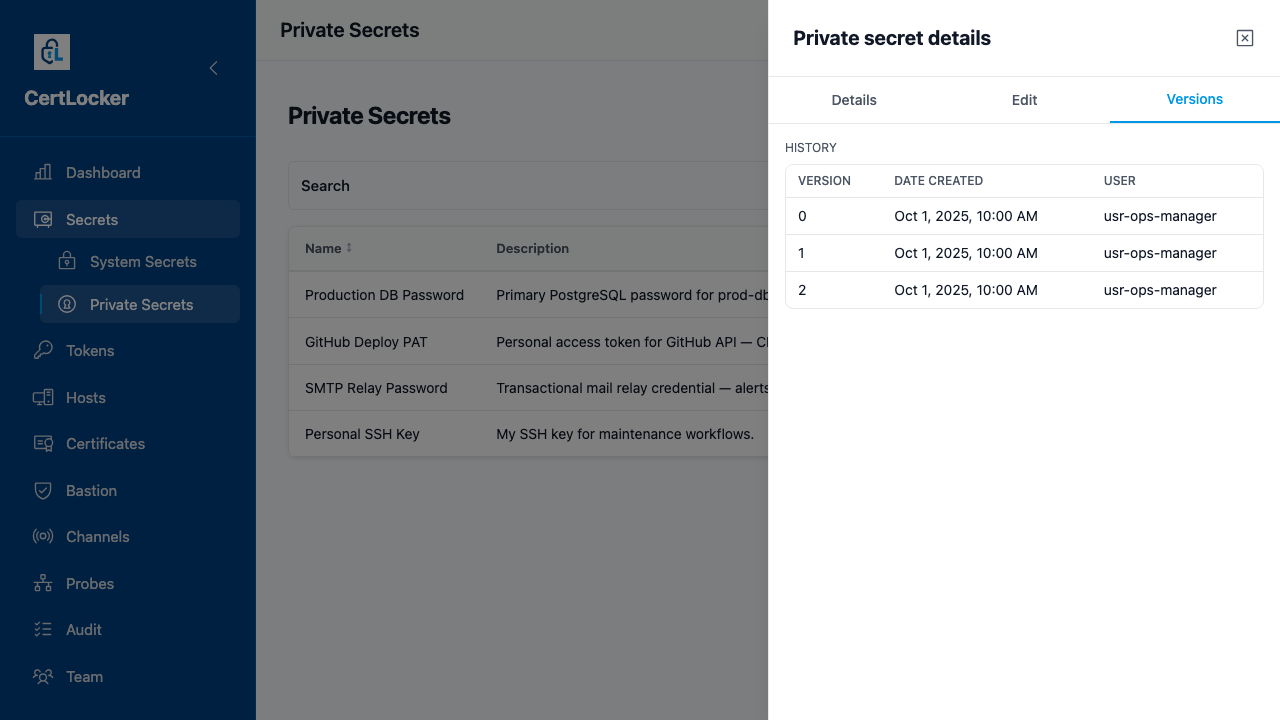 CertLocker private secret detail drawer open on the Versions tab, showing a history table with versions 0, 1, and 2 of the Production DB Password secret