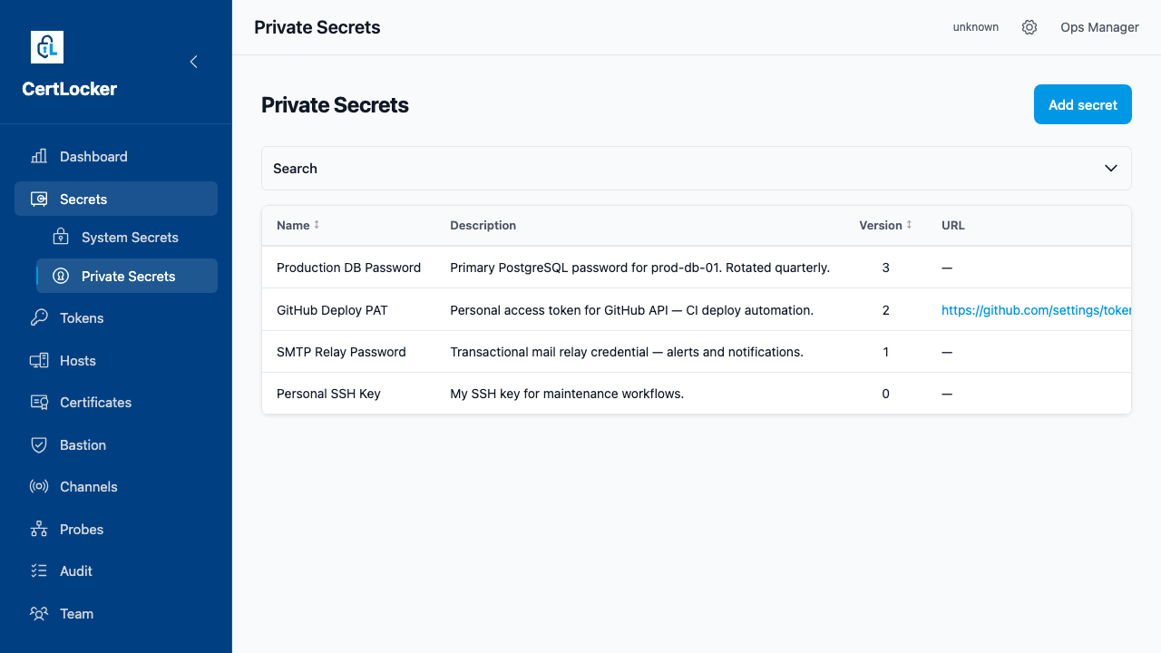 CertLocker Private Secrets list showing four secrets — Production DB Password at version 3, GitHub Deploy PAT at version 2, SMTP Relay Password at version 1, and Personal SSH Key at version 0