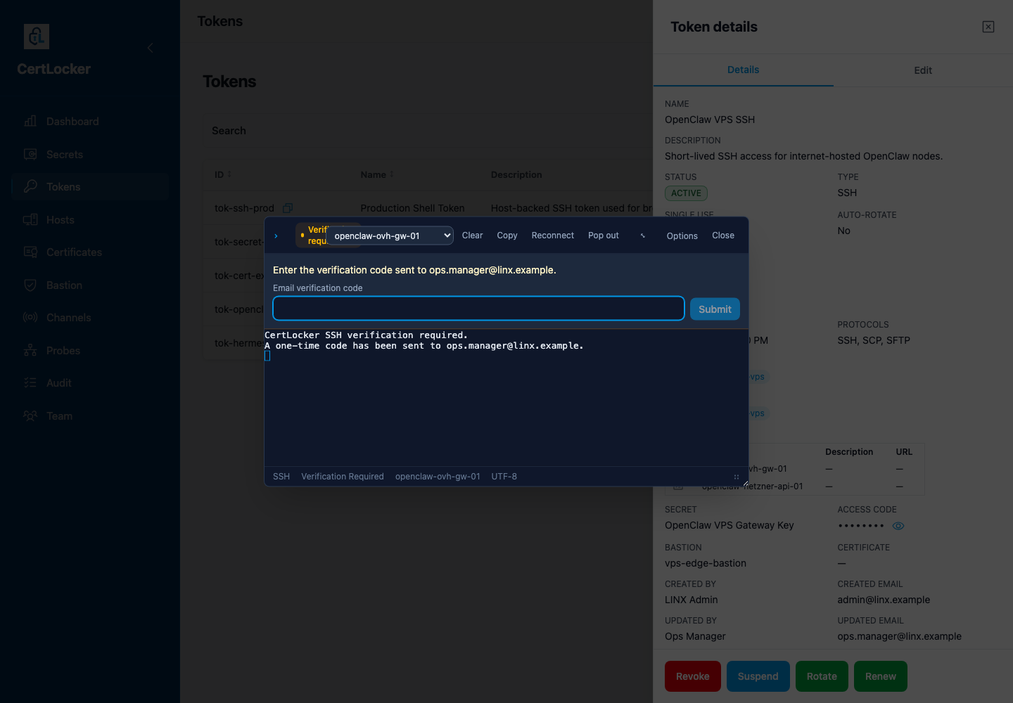 CertLocker web terminal showing an email verification challenge before opening SSH access
