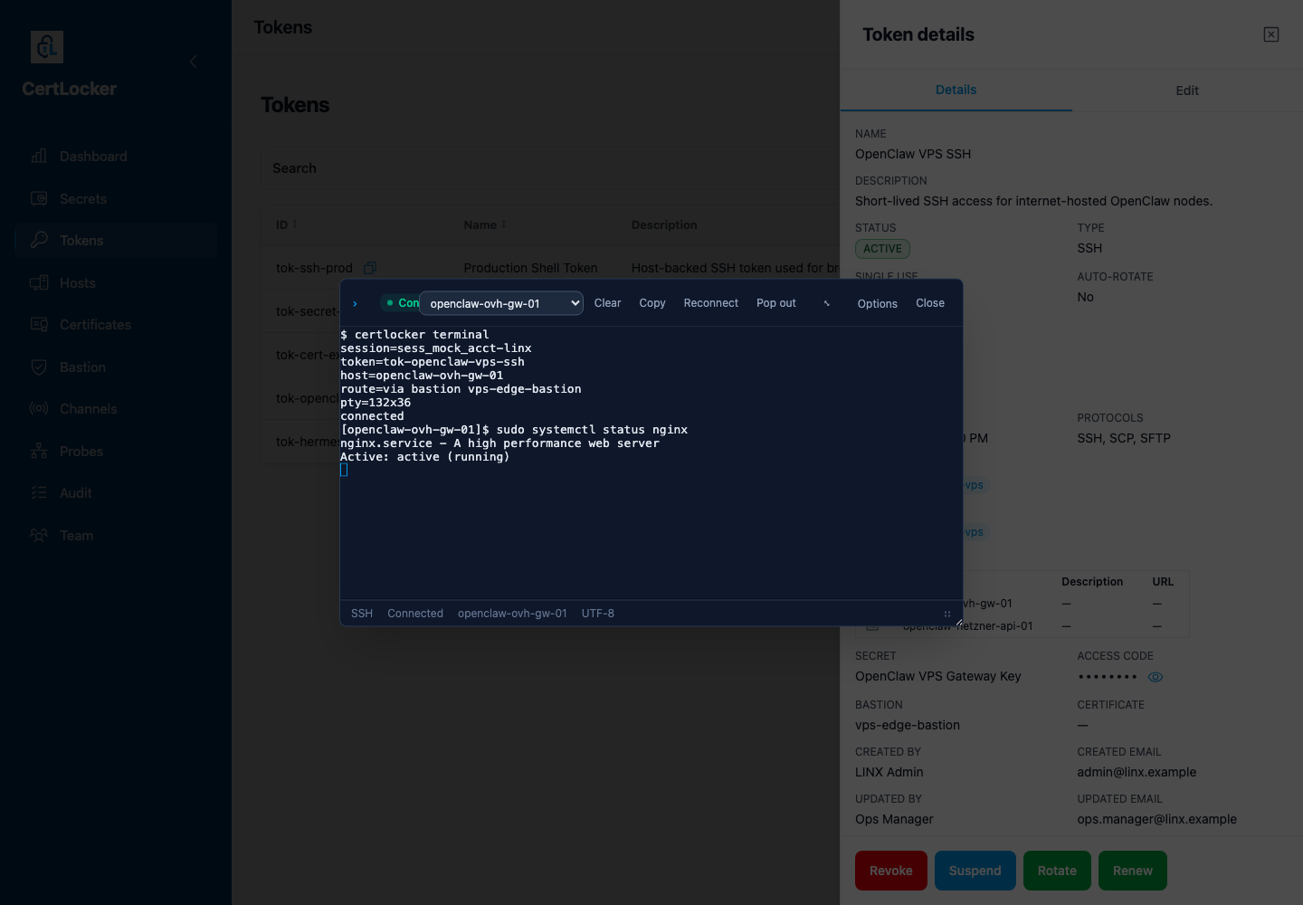 CertLocker web terminal connected to an OpenClaw VPS host after successful email 2FA