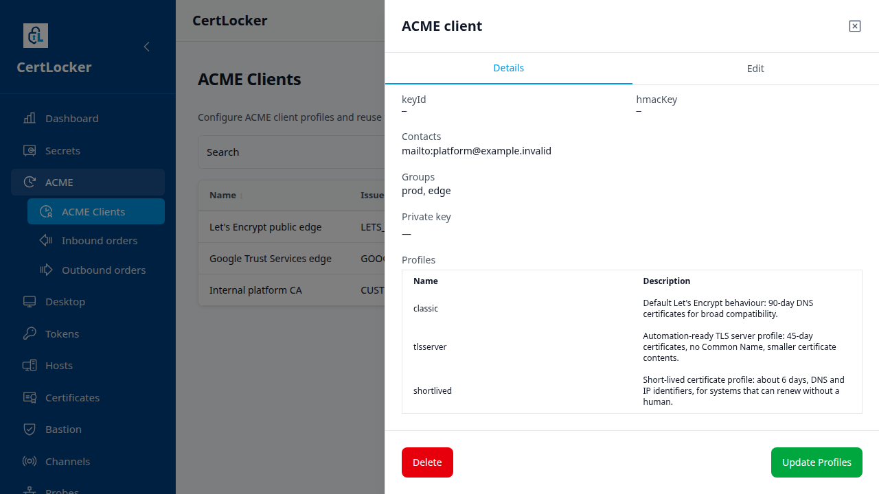 CertLocker ACME client detail screen showing the Let's Encrypt classic, tlsserver, and shortlived directory profiles, including a description of the roughly six-day certificate lifetime