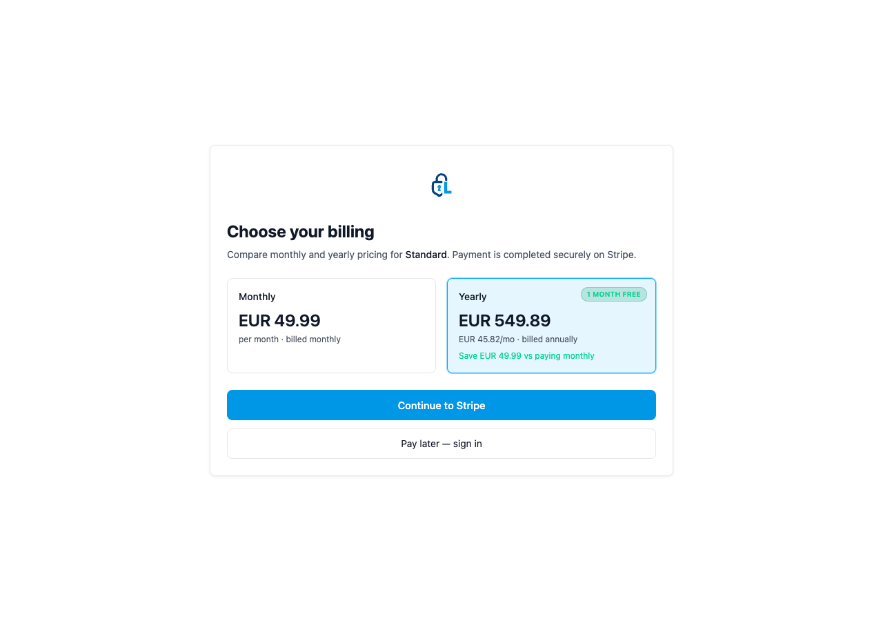 Archived July 2026 Standard checkout showing the billing intervals used in that release