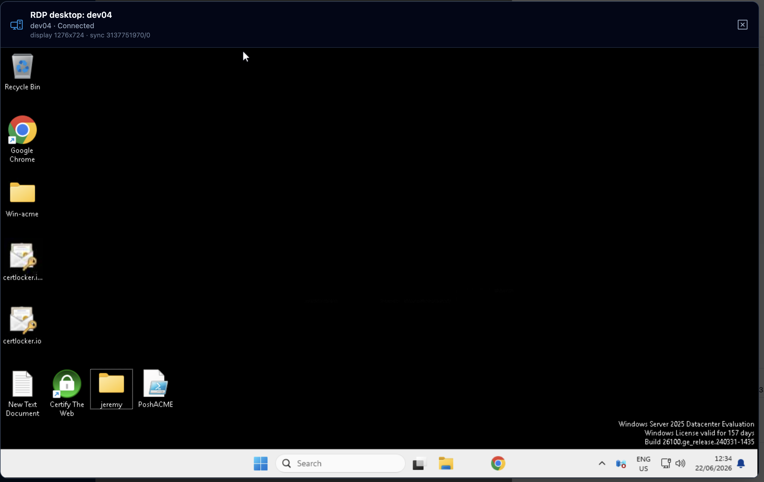 CertLocker browser RDP session connected to a Windows Server desktop