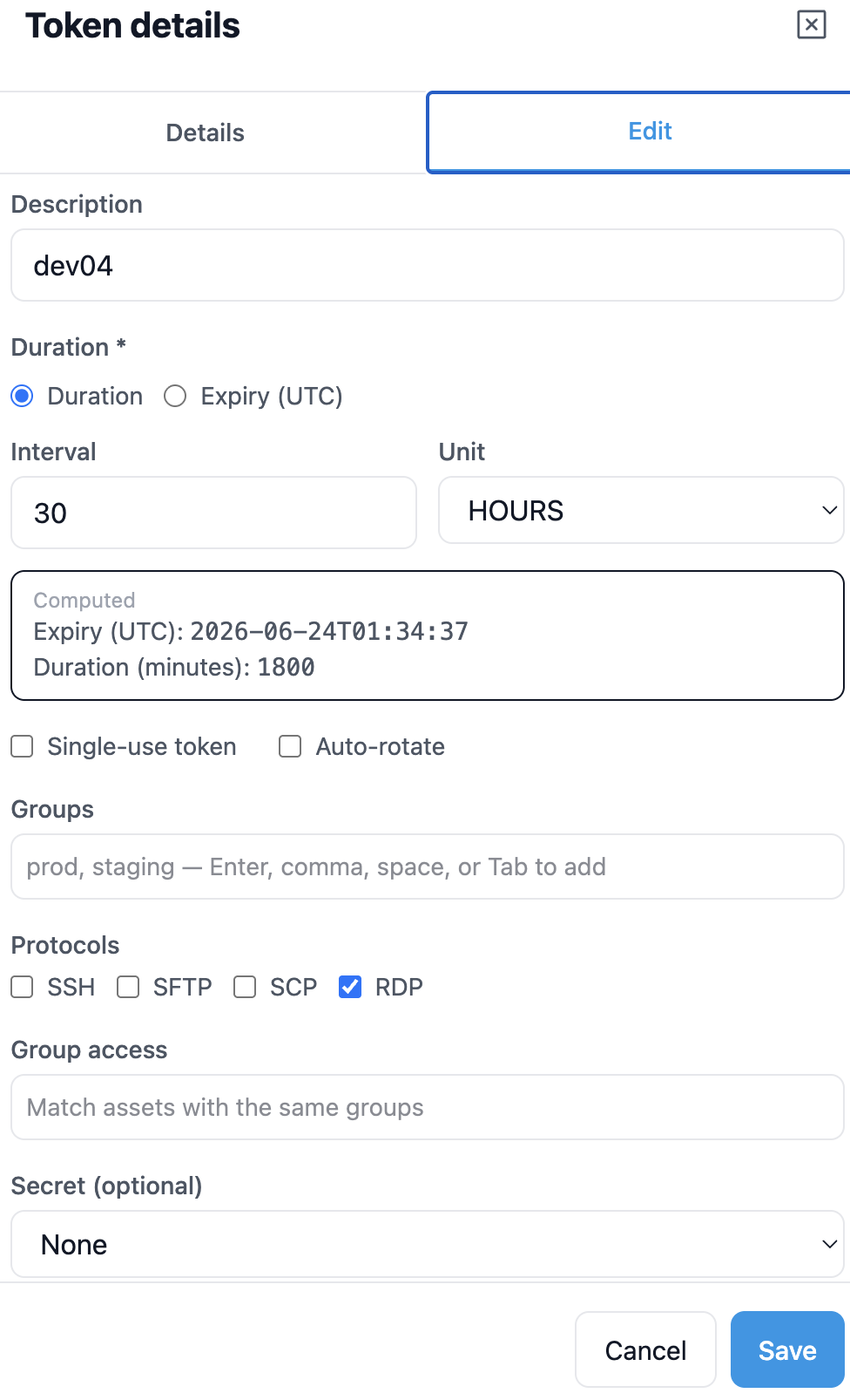 CertLocker token editor showing a 30 hour token with RDP enabled as the selected protocol