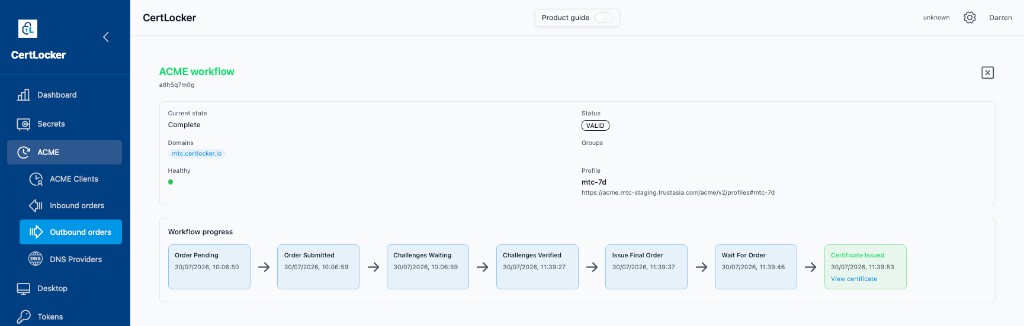 CertLocker ACME workflow progress from order pending to certificate issued