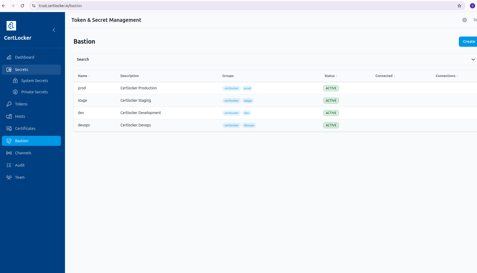 CertLocker bastion — SSH environments with live connection status