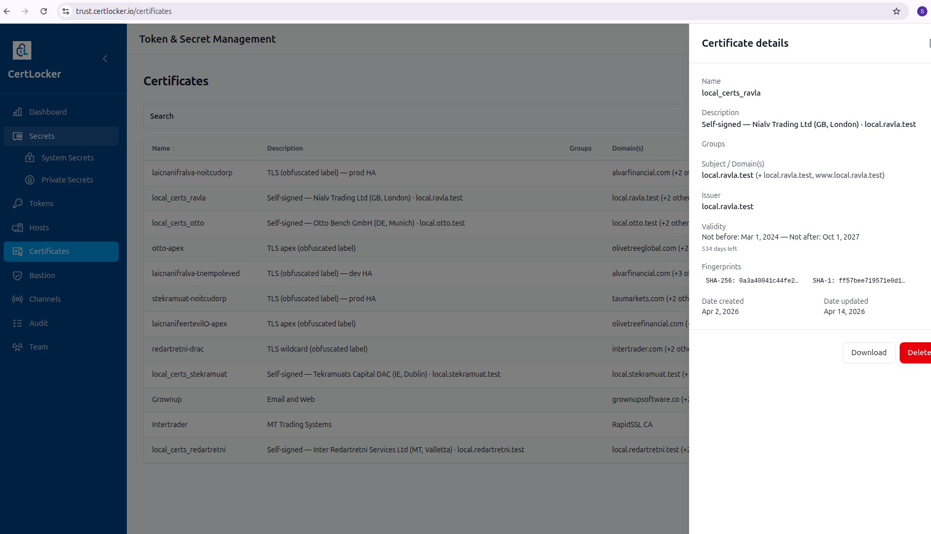 CertLocker certificate details with operational evidence