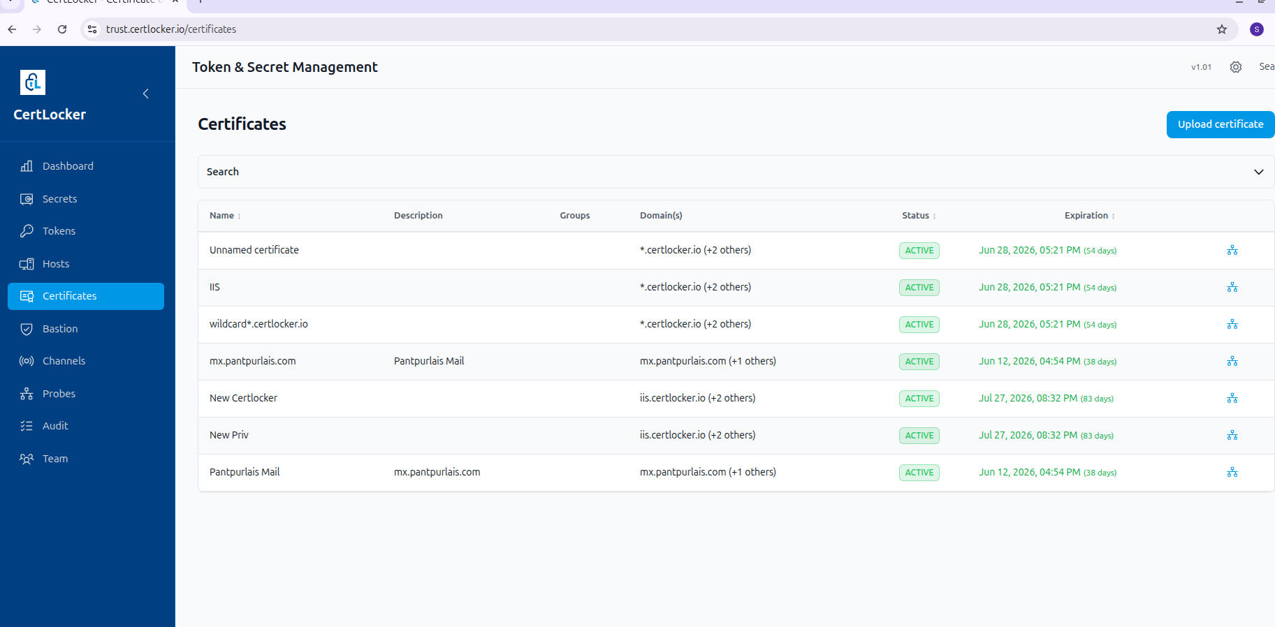 CertLocker certificate inventory — status and expiry in one view