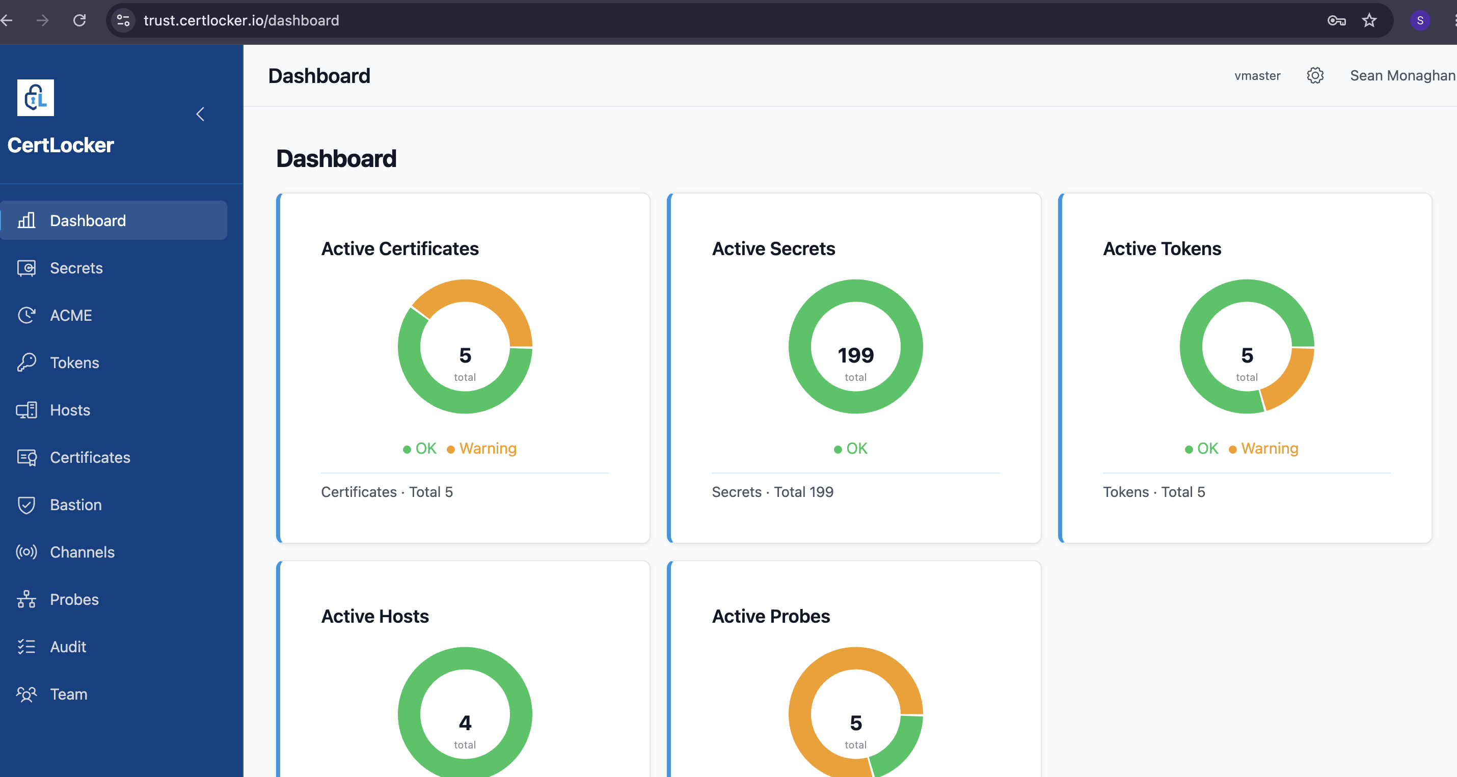 CertLocker dashboard for DevOps certificate, secret, token, host, and probe status