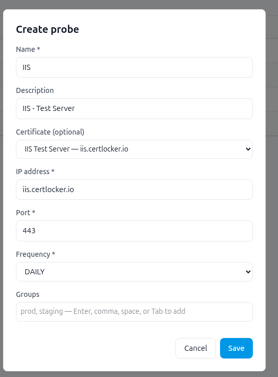 CertLocker create probe modal for iis.certlocker.io on port 443