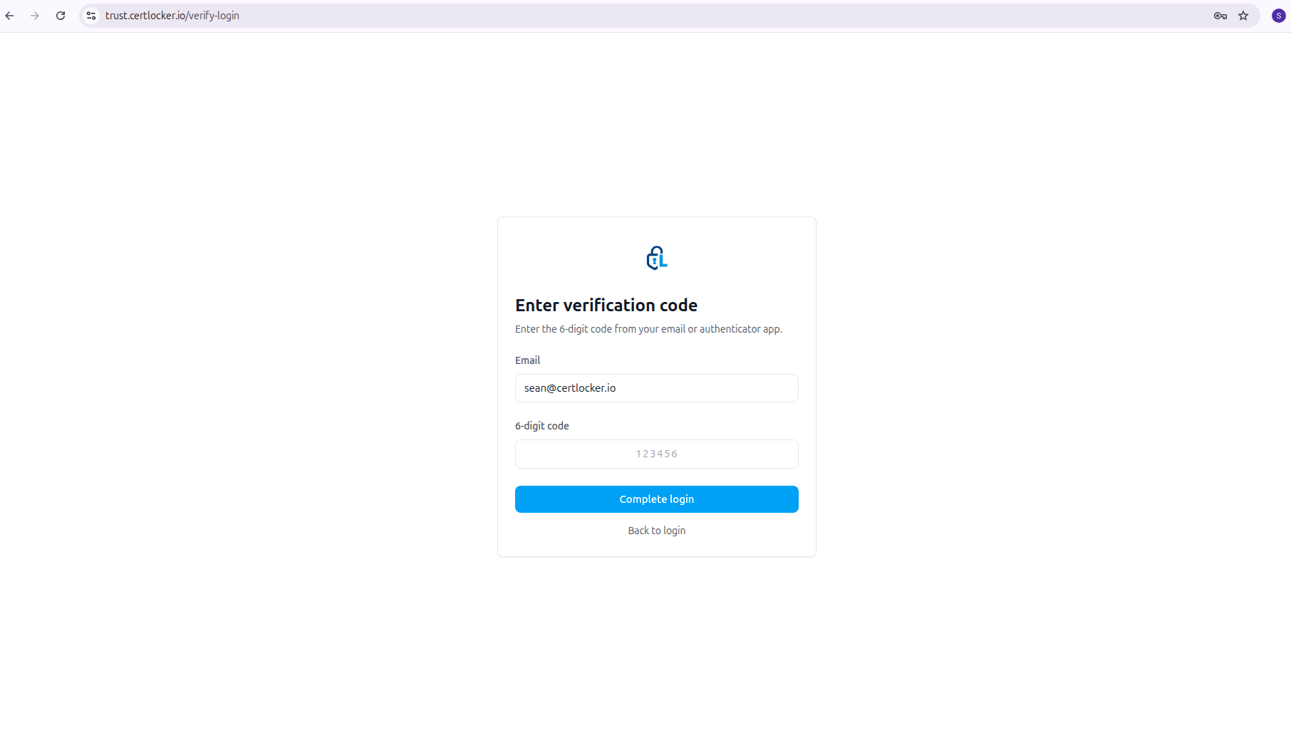 CertLocker two-factor authentication screen